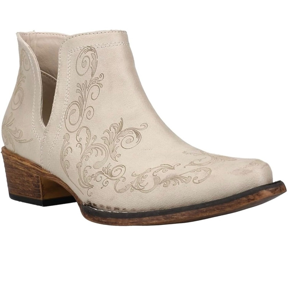Roper Cream Western Cutout Ankle Booties with Embroidered Scrolls - Picture 6 of 8